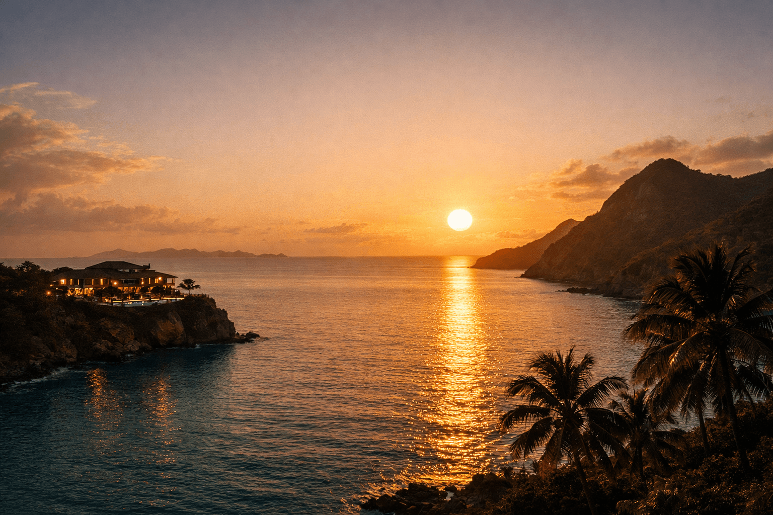 Paysage d'outre-mer au crépuscule — soleil couchant sur la baie